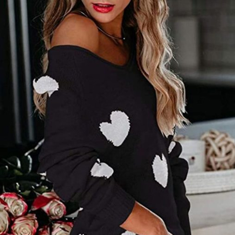 Women's Heart Print V-Neck Knitted Sweater